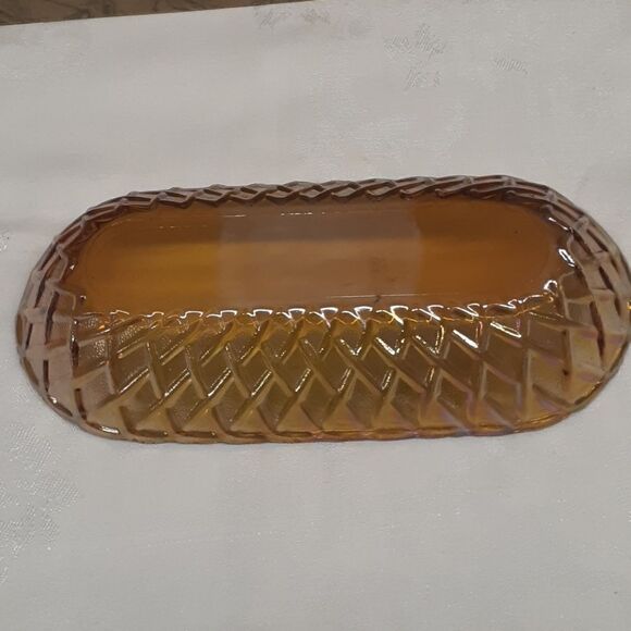 Vtg Indiana Glass Amber Carnival Basket Weave Celery Cracker Bread Dish 10"x5" - Picture 3 of 6